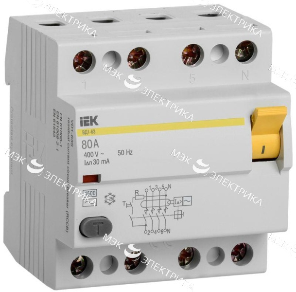 Выключатель дифференциального тока (УЗО) 4п 80А 30мА тип AC ВД1-63 IEK MDV10-4-080-030