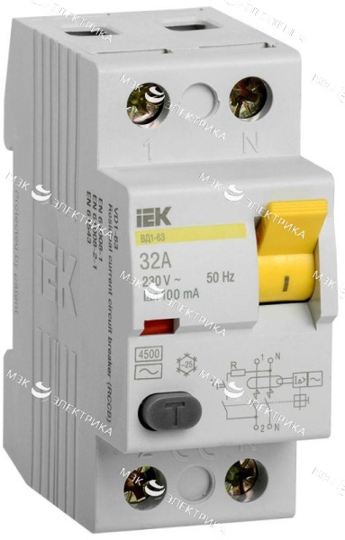 Выключатель дифференциального тока (УЗО) 2п 32А 100мА тип AC ВД1-63 IEK MDV10-2-032-100