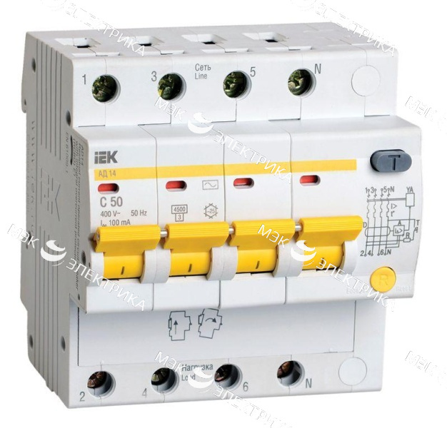 Выключатель автоматический дифференциального тока 4п C 50А 100мА тип AC 4.5кА АД-14 IEK MAD10-4-050-