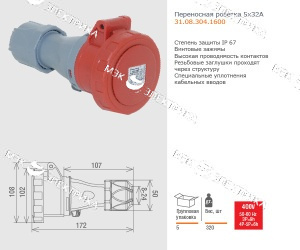 Розетка переносная 3P+E+N,5x32A,380-415V IP67 31.08.304.1600