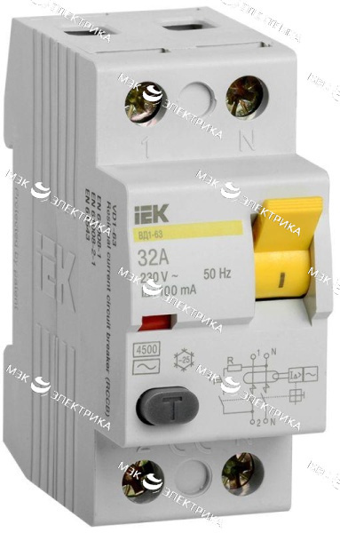 Выключатель дифференциального тока (УЗО) 2п 32А 100мА тип AC ВД1-63 IEK MDV10-2-032-100