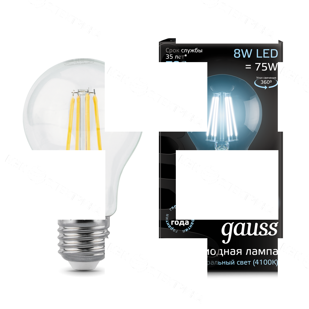 Лампа светодиодная филаментная Black Filament 8Вт A60 грушевидная 4100К нейтр. бел. E27 780лм GAUSS 