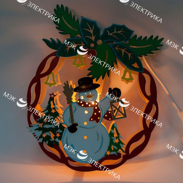 Деревянная световая фигура "Новогодний шар со снеговиком", LT068