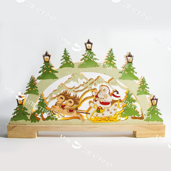 Деревянная световая фигура "Панно Санта в санях на батарейках", LT085