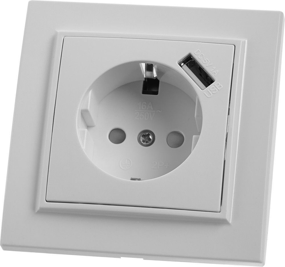 PST16-9011-01 Розетка 1-местная с/з, 220В, 16А с защитной шторкой и с USB, серия Эрна, белая