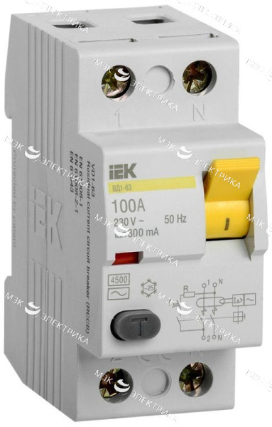 Выключатель дифференциального тока (УЗО) 2п 100А 300мА тип AC ВД1-63 IEK MDV10-2-100-300