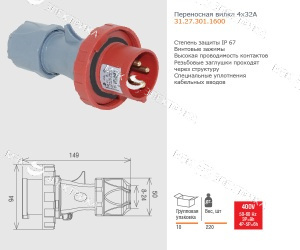 Вилка 3P+E 4x32А 380-415V 31.27.301.1600