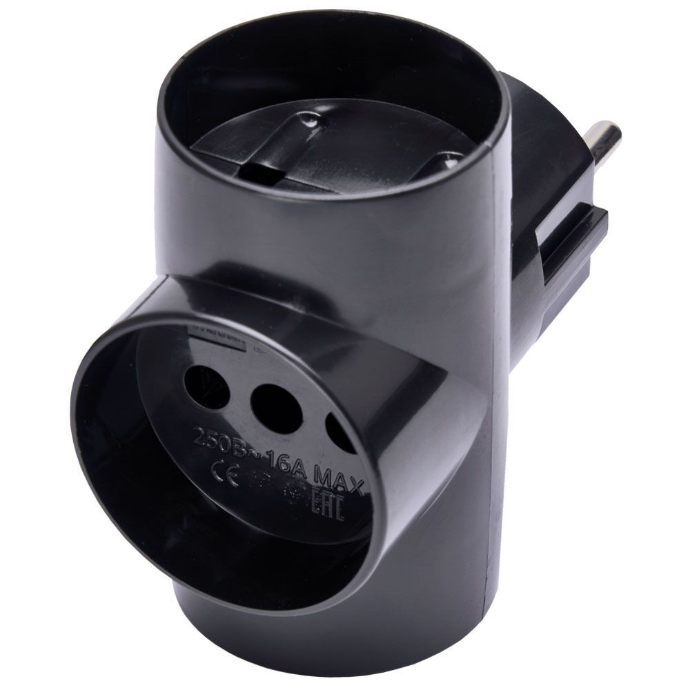 Сетевой разветвитель на 3 выхода, 250V, 10A, черный, ADP10-15-20