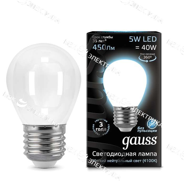 Лампа светодиодная E27- 5W -4100K Gauss LED Filament Globe OPAL