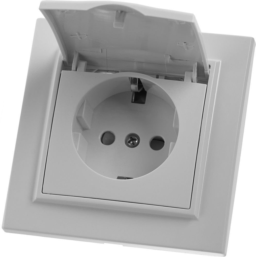 PST16-9012-01 Розетка 1-местная с/з с крышкой, 220В, 16А с защитной шторкой, серия Эрна, белая