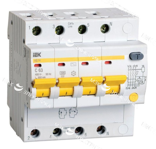 Выключатель автоматический дифференциального тока 4п C 63А 300мА тип AC 4.5кА АД-14 IEK MAD10-4-063-