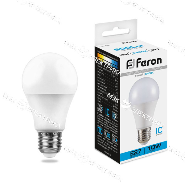 Лампа светодиодная E27-10W-6400K LB-92 Feron (шар)