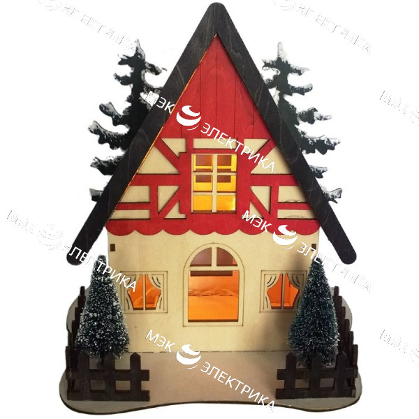 Деревянная световая фигура на батарейках "Домик цветной с ёлками", LT090